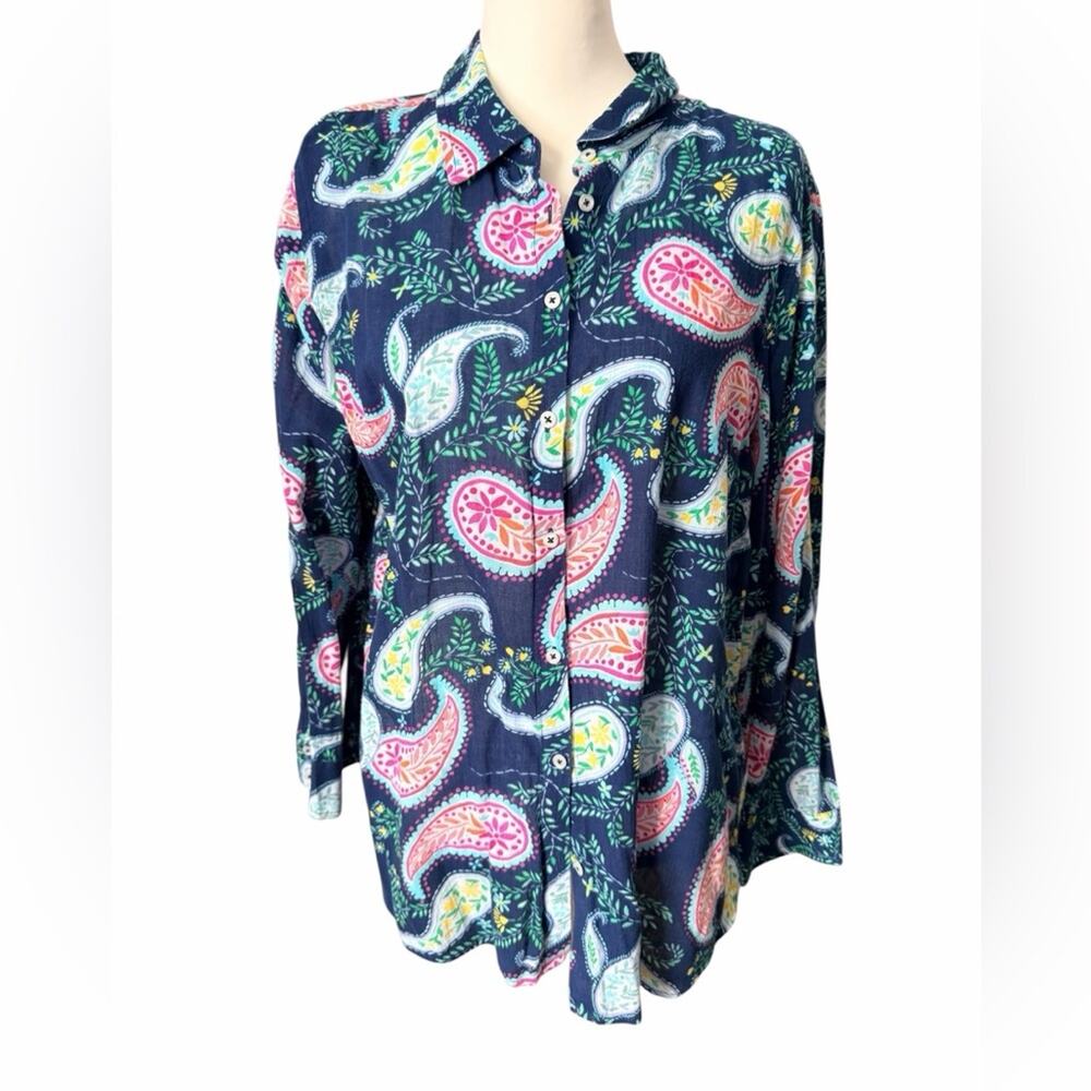 Talbots Multicolor Paisley Blouse Button down Petite XL Blue Pink White Yellow